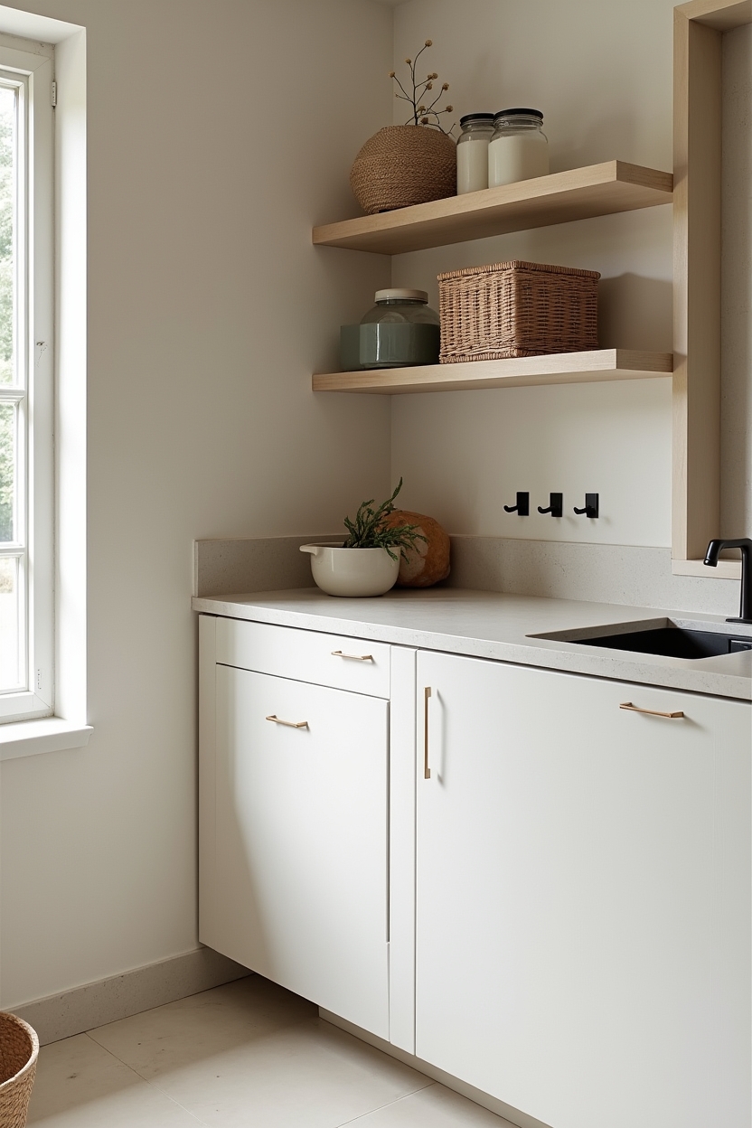 plaster small laundry room ideas — floating shelf featuring plaster-wrapped floating shelf finished to read as built-in