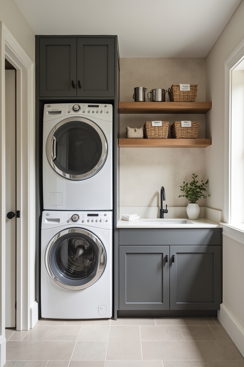 plaster small laundry room ideas — stacked washer and dryer featuring soft-toned Venetian plaster accent wall and micro-plaster sink surround