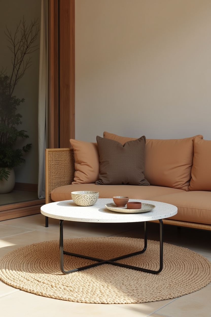 low-slung woven rattan seating in ochre linen home decor