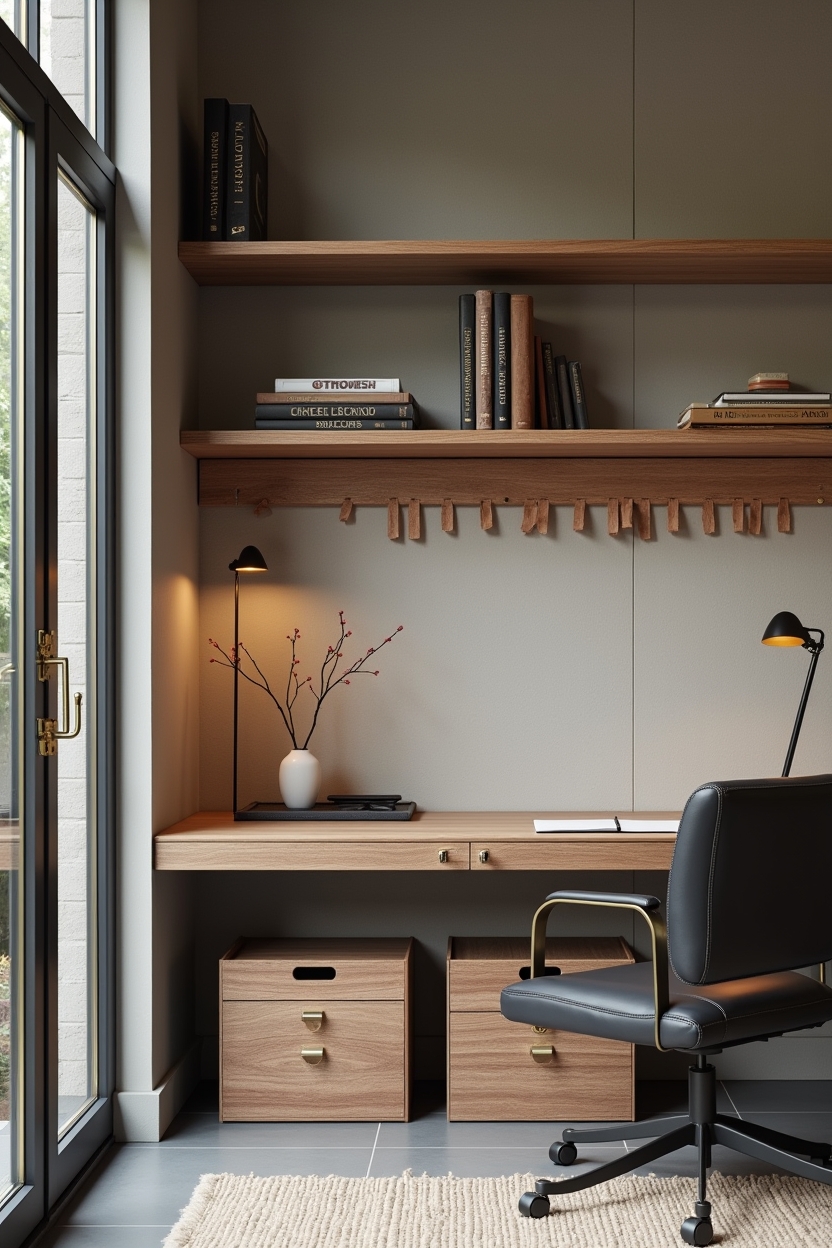 brick office storage ideas — brick-ledger rail mounted with brass pegs featuring slim brick-ledger rail with brass pegs and hanging leather trays