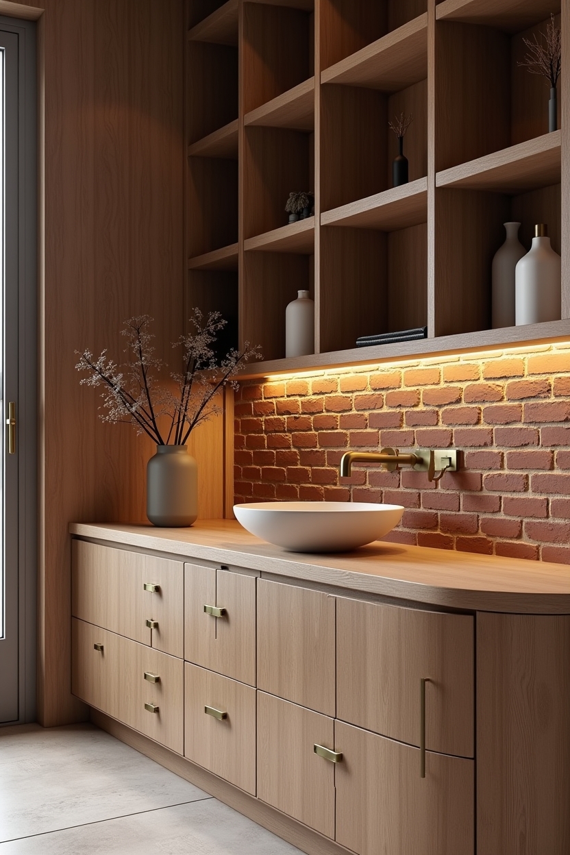 brick office storage ideas — low stack of reclaimed-red brick cubbies featuring reclaimed-red brick cubby grid with slim oak top and brass trim