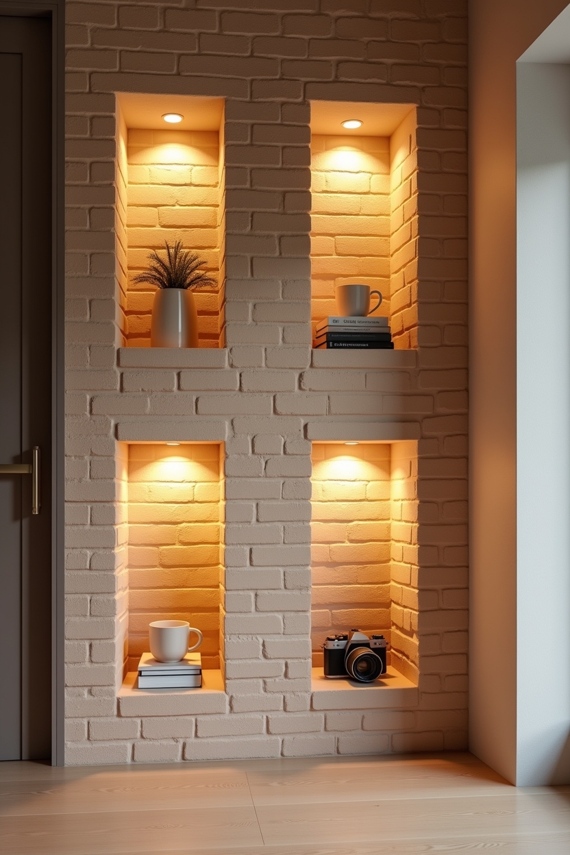 brick office storage ideas — curated ceramic mug staged in a lit niche featuring recessed brick shadowboxes with soft LED backlighting