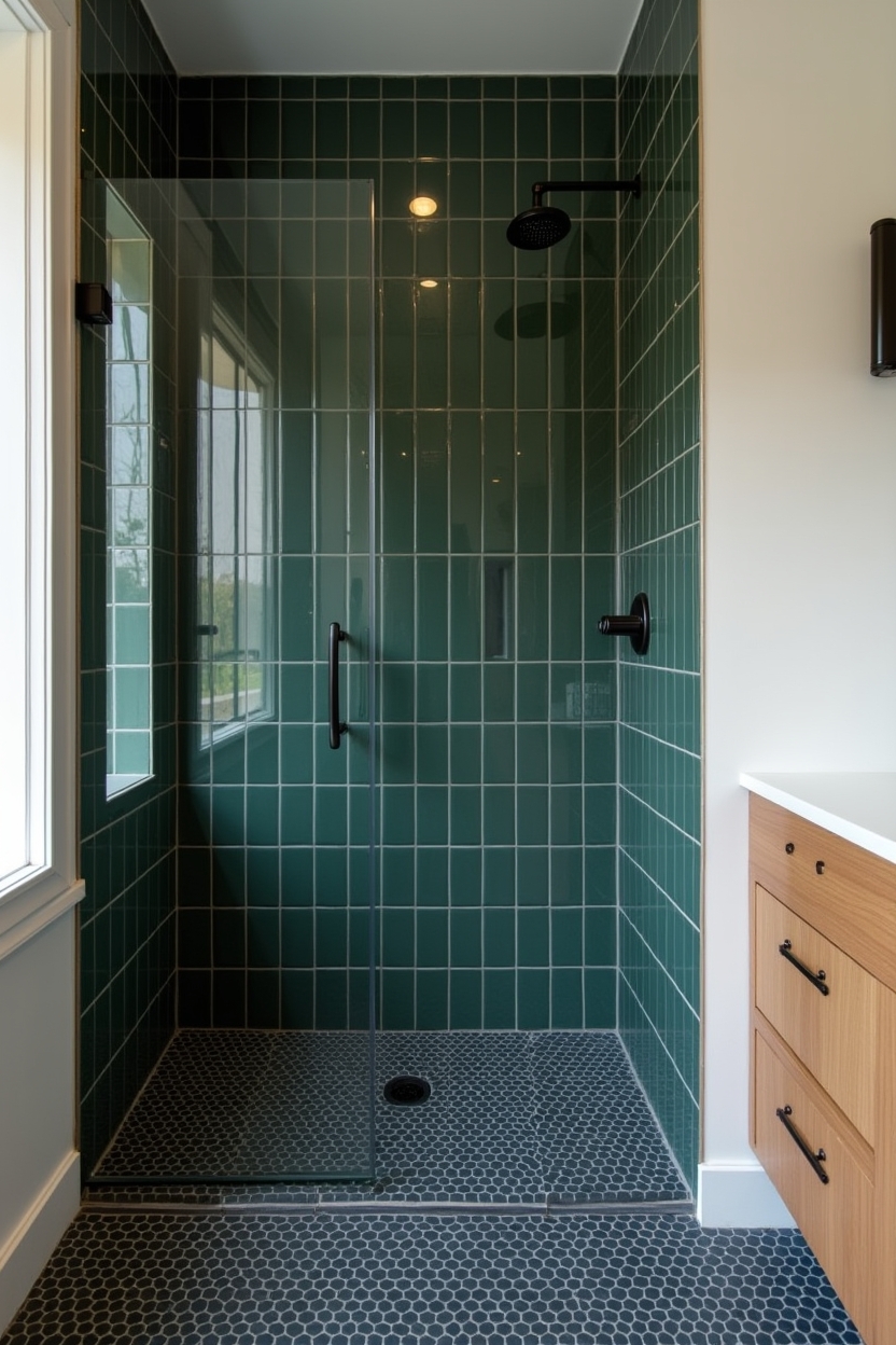 forest-green glazed subway tile shower wall home decor