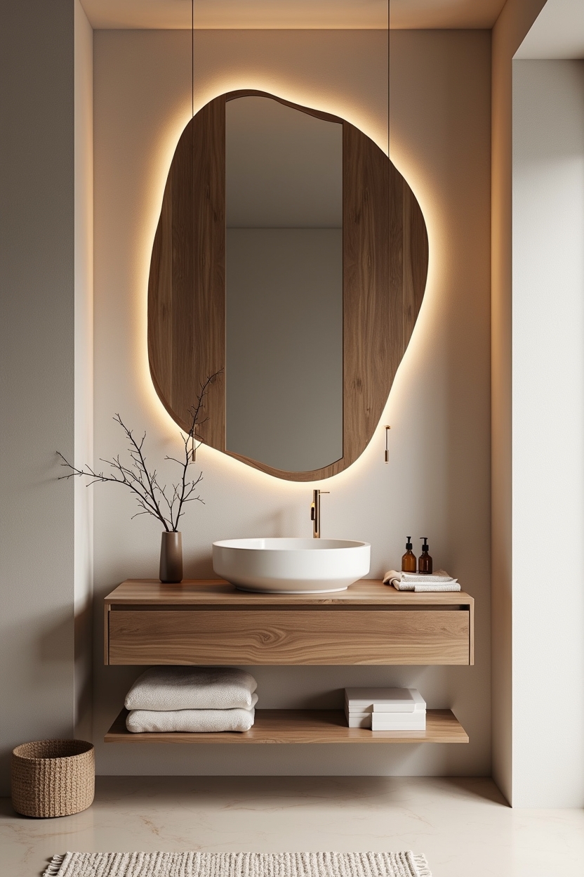 asymmetrical live-edge wood mirror with integrated warm LED home decor