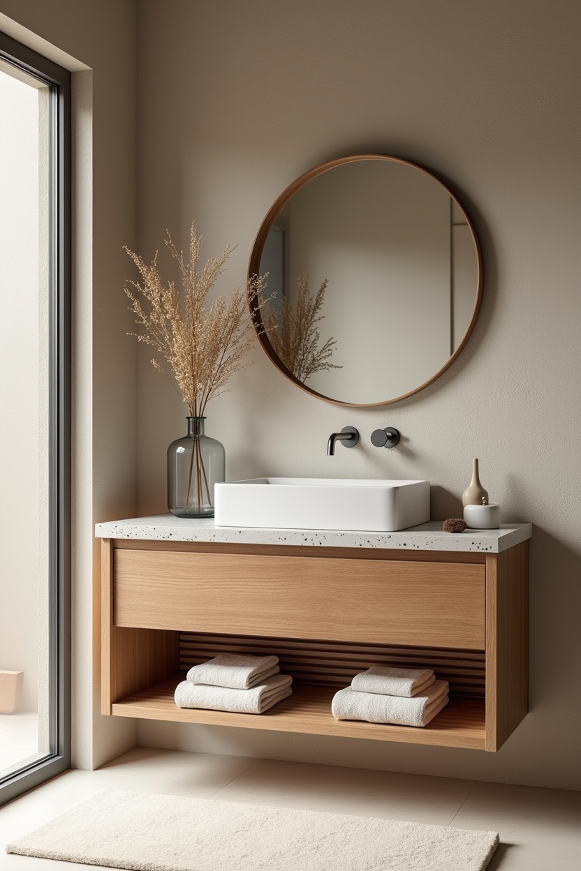 hand-carved teak floating vanity with slatted shelf home decor
