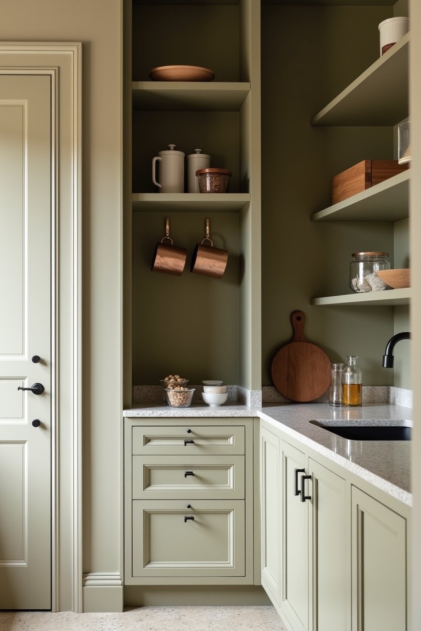 warm olive green recessed shelving home decor