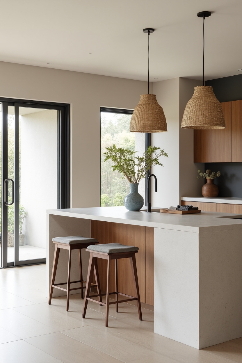 matte-limestone island base with walnut drop-leaf bar home decor