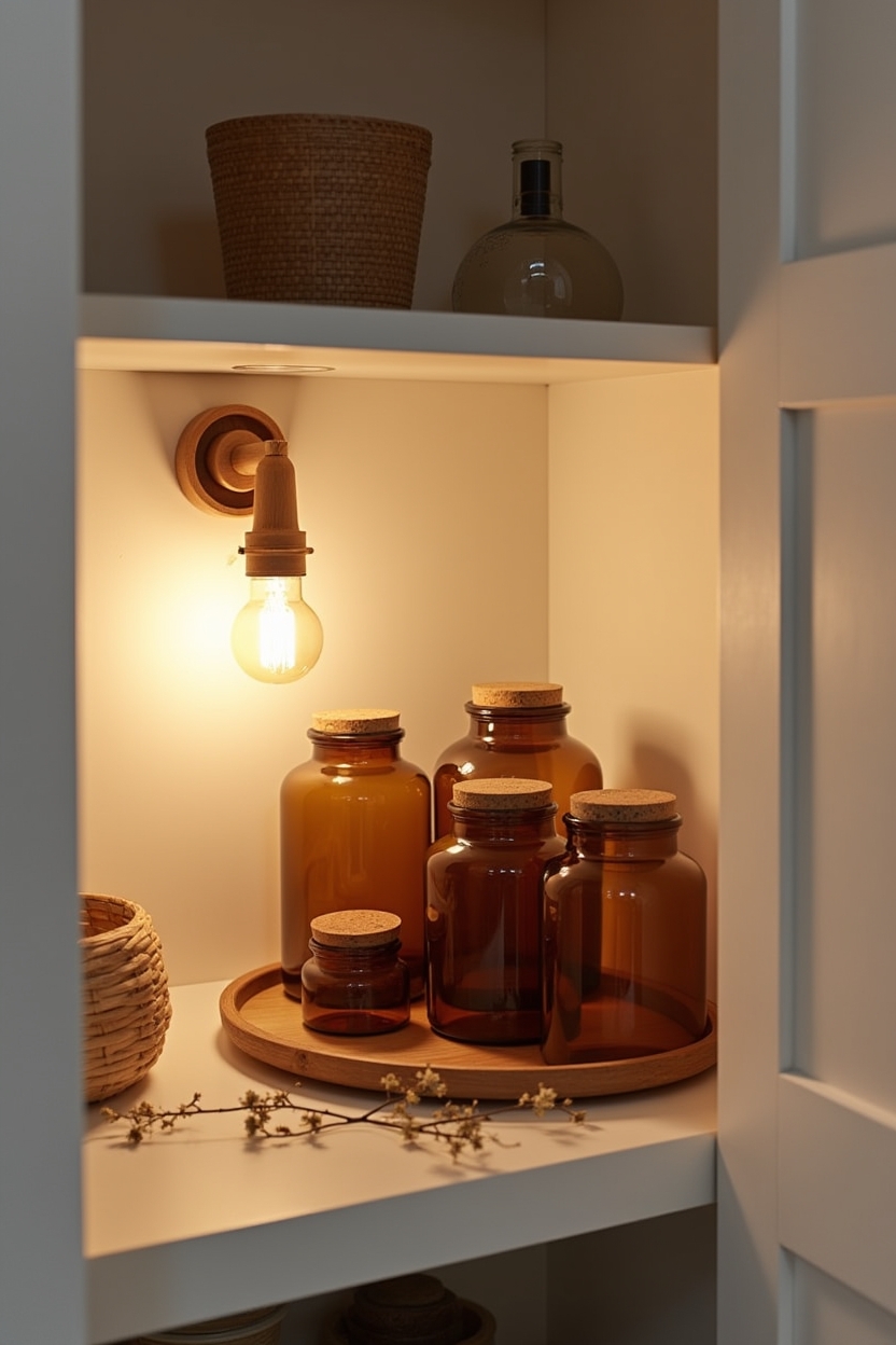 apothecary amber glass jar row on a mid-level shelf lit by a single warm-toned rattan wall sconce home decor