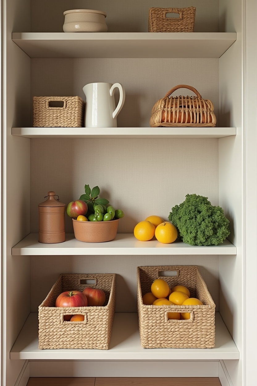 lower open shelf styled with color-sorted seagrass produce baskets against a linen-lined back wall home decor