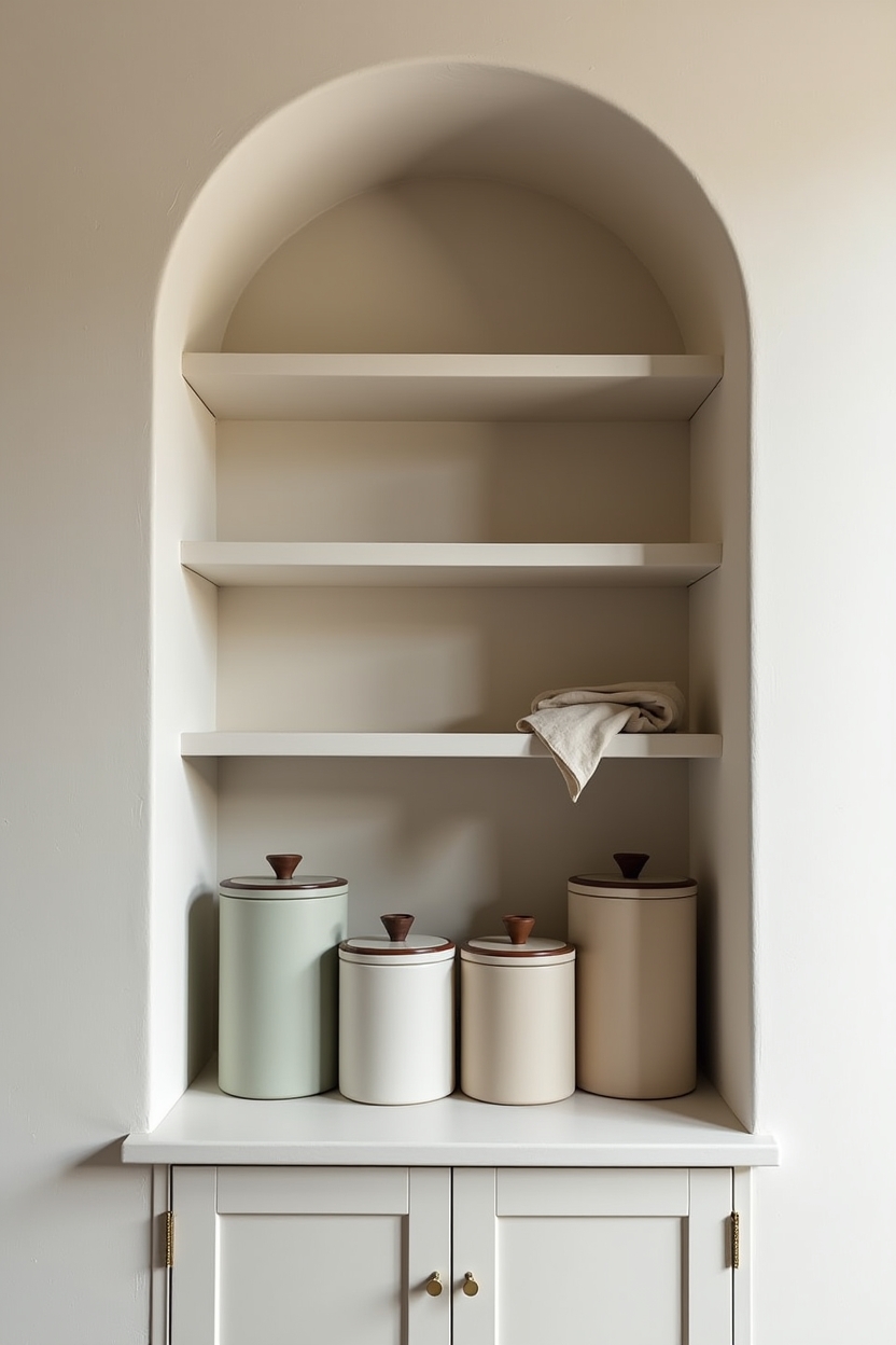 arched plaster shelving frame with matte ceramic canisters arranged in tonal sets home decor