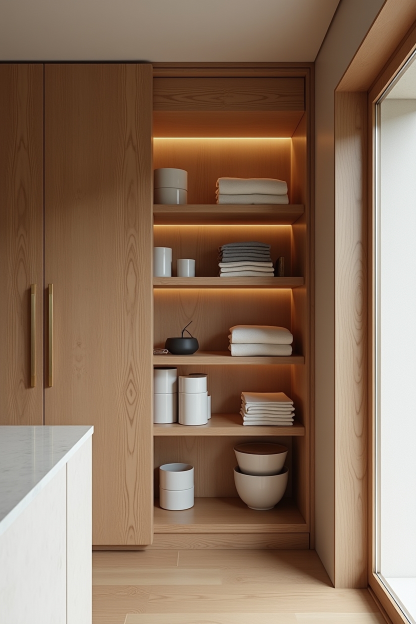 Japanese-inspired warm wood pantry alcove with shoji-like screens home decor