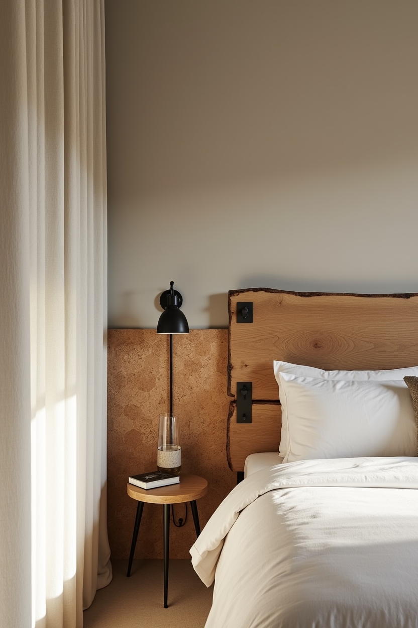 reclaimed live-edge oak plank headboard mounted with blackened steel brackets home decor