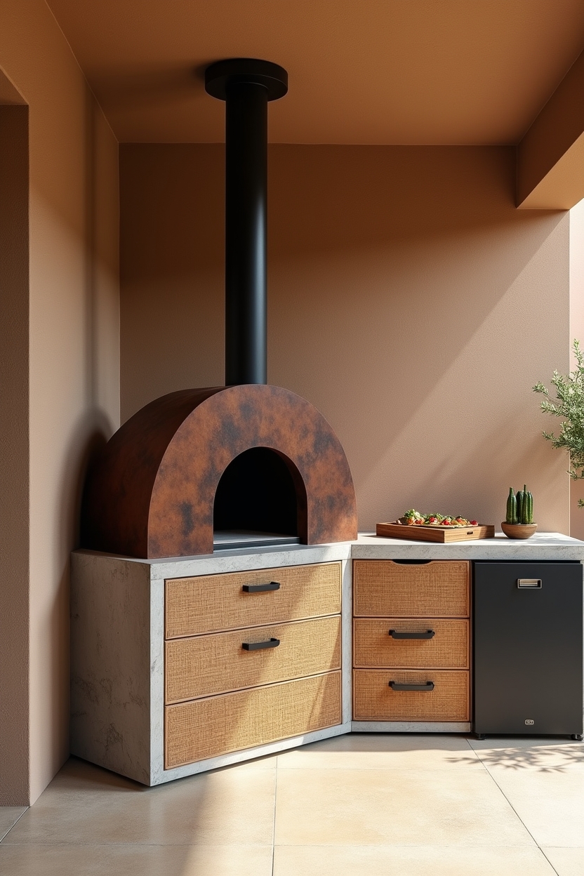 cor-ten steel pizza oven on concrete plinth home decor