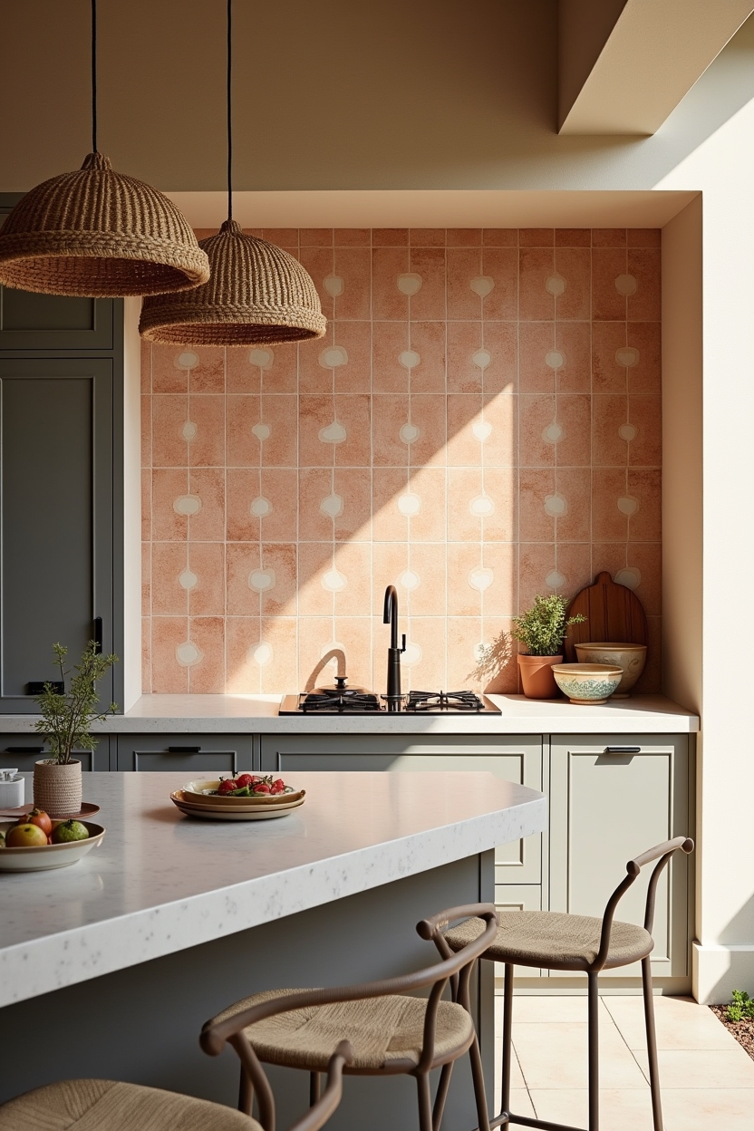 graphic encaustic tile backsplash in sunset hues home decor