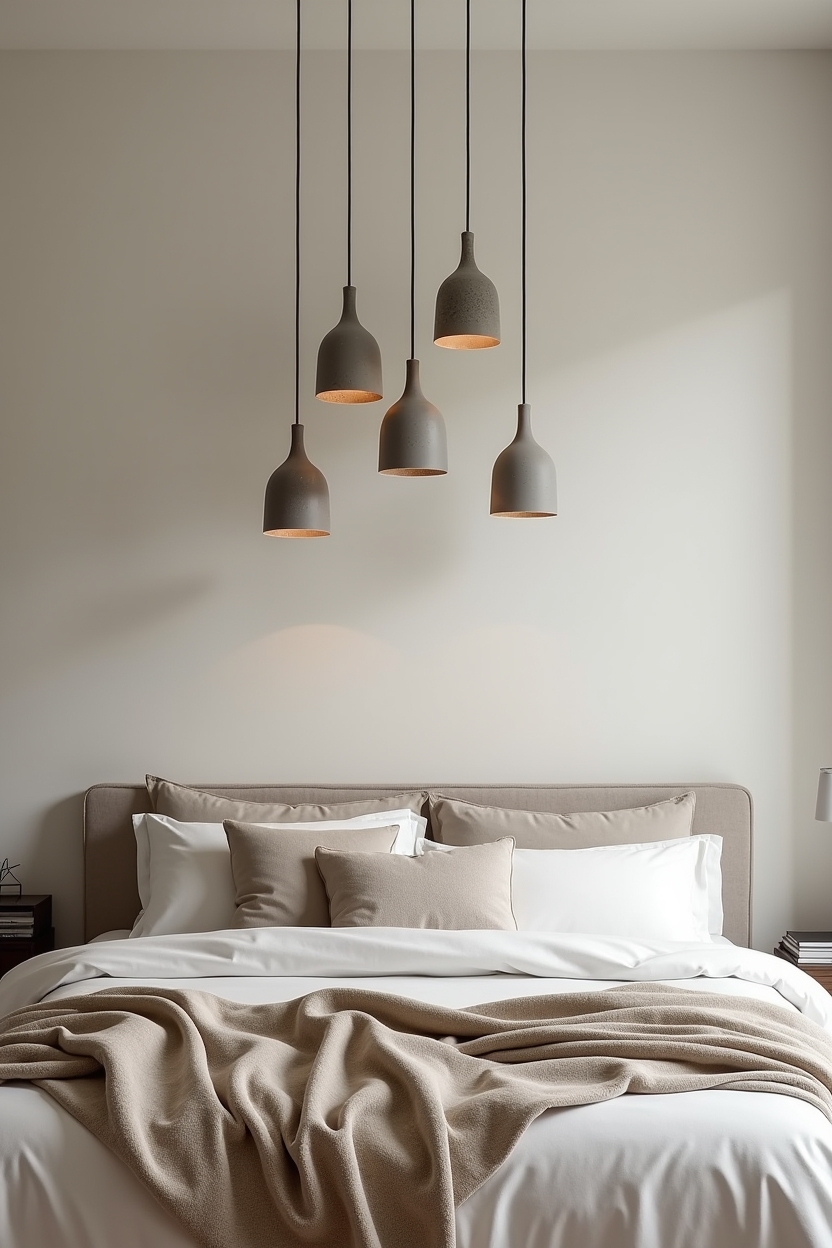 cluster of three to five hand-thrown ceramic pendant lights hung at staggered heights above the bed home decor