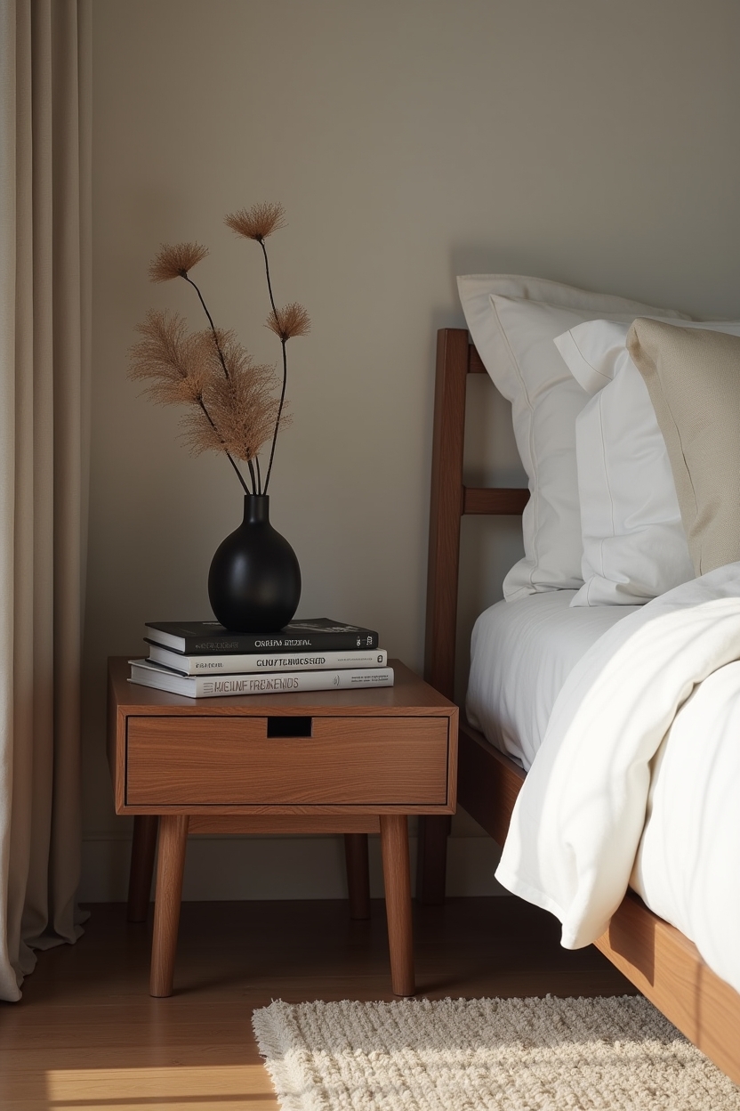 single handmade ceramic bud vase with one dried stem on a low solid wood nightstand with no hardware home decor
