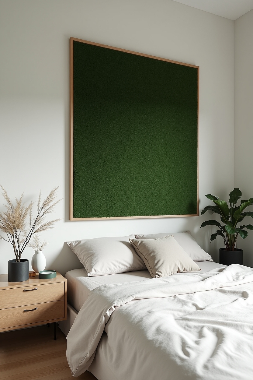 live or preserved moss wall panel installed above the bed in a slim white oak frame as a nature-art focal point home decor