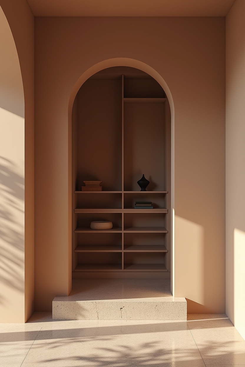 mocha luxury pantry ideas — rounded mocha arch silhouette featuring rounded mocha arch doorway with terrazzo threshold