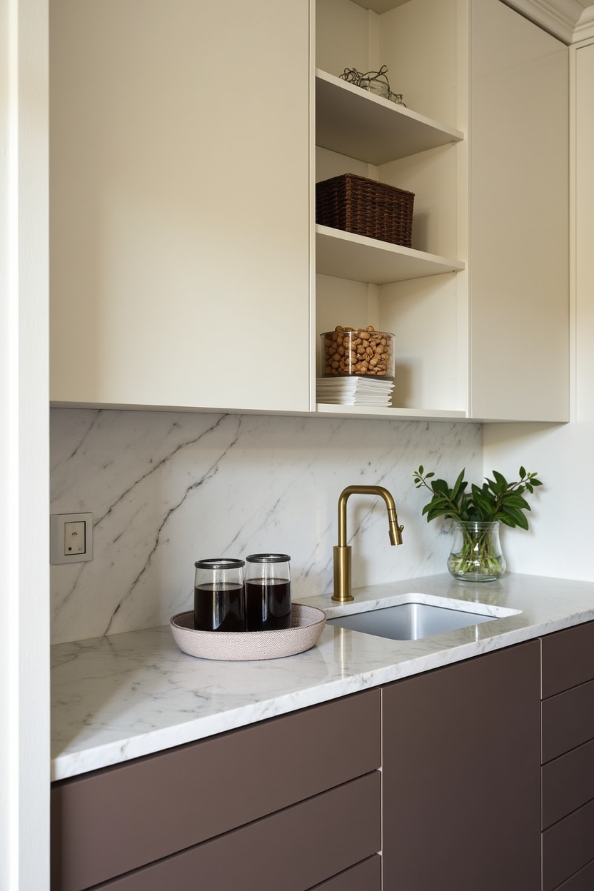 mocha luxury pantry ideas — brass beverage faucet featuring honed marble beverage counter