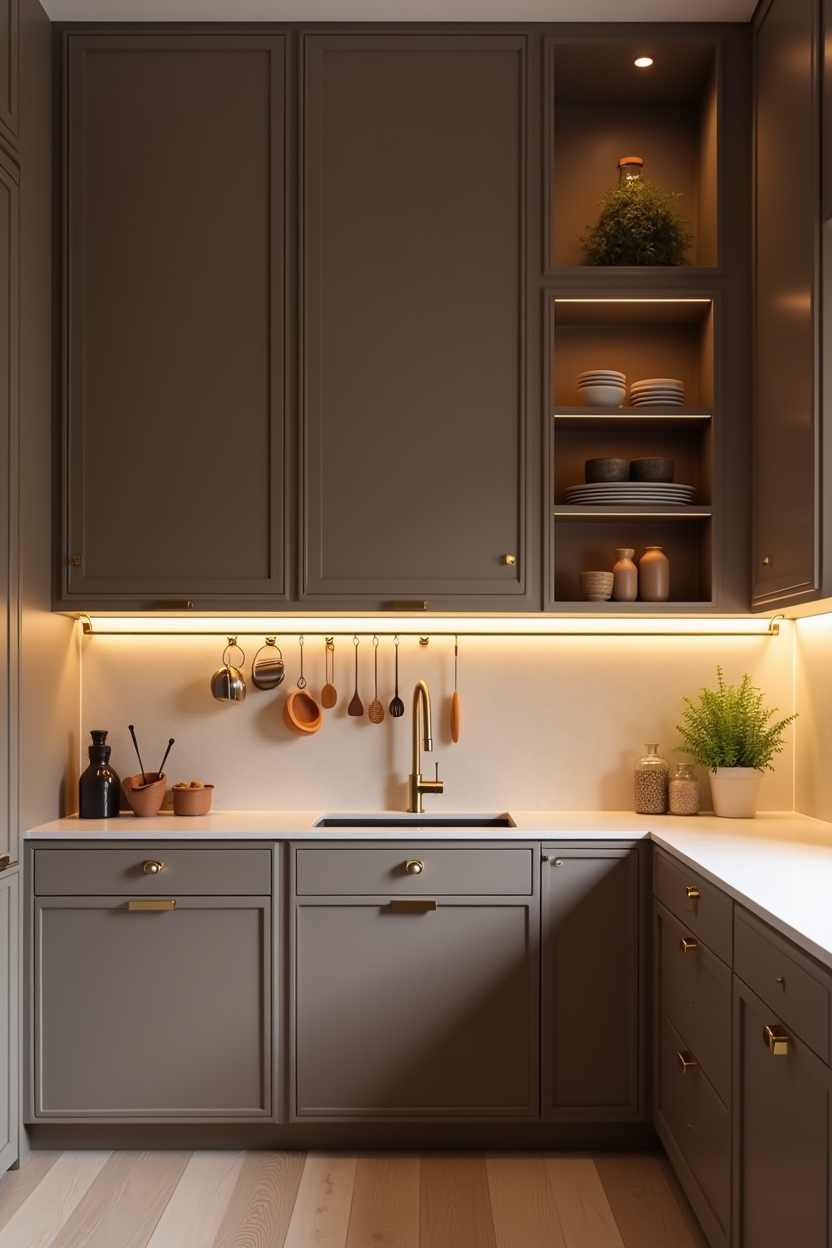 mocha luxury pantry ideas — brass rail with hanging mugs featuring mocha lacquer cabinetry with brass rail