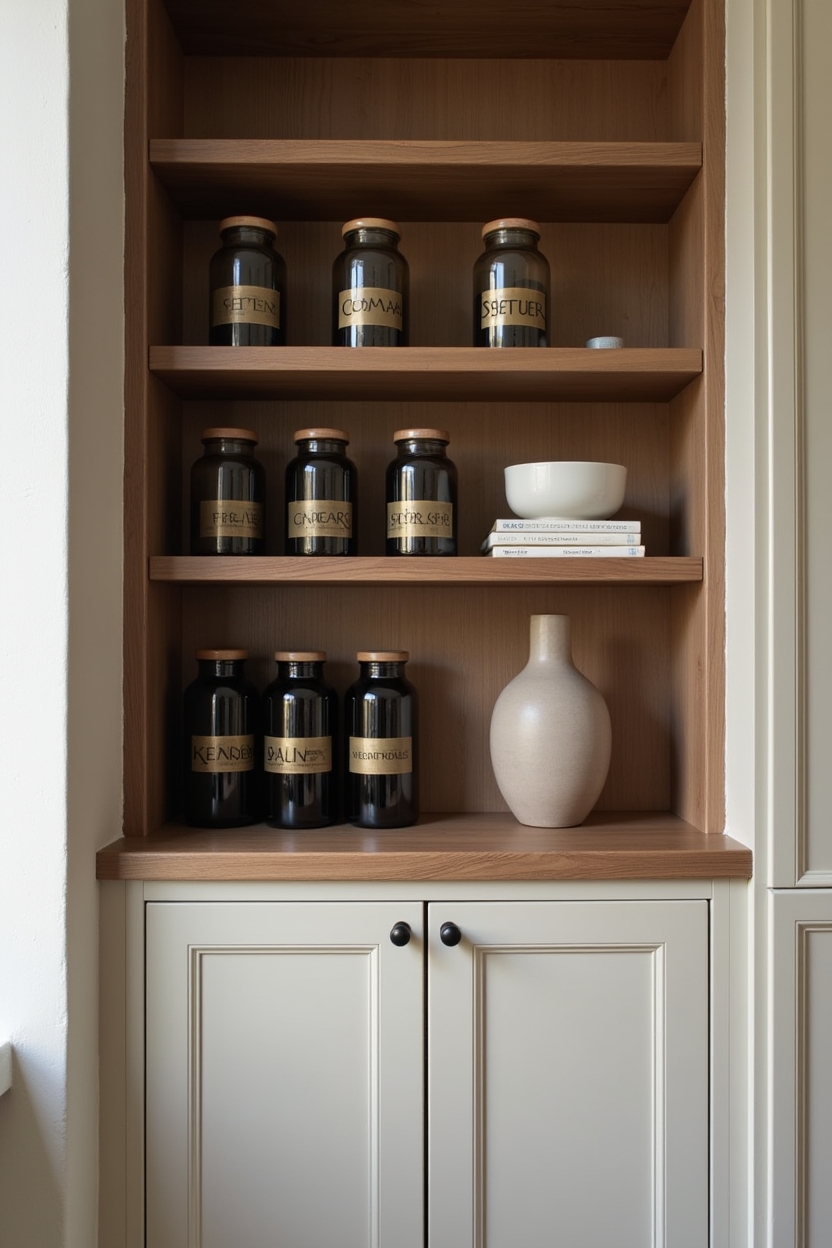 mocha luxury pantry ideas — smoked glass apothecary jar with gold label featuring open mocha-stained walnut shelving with sculpted corbels