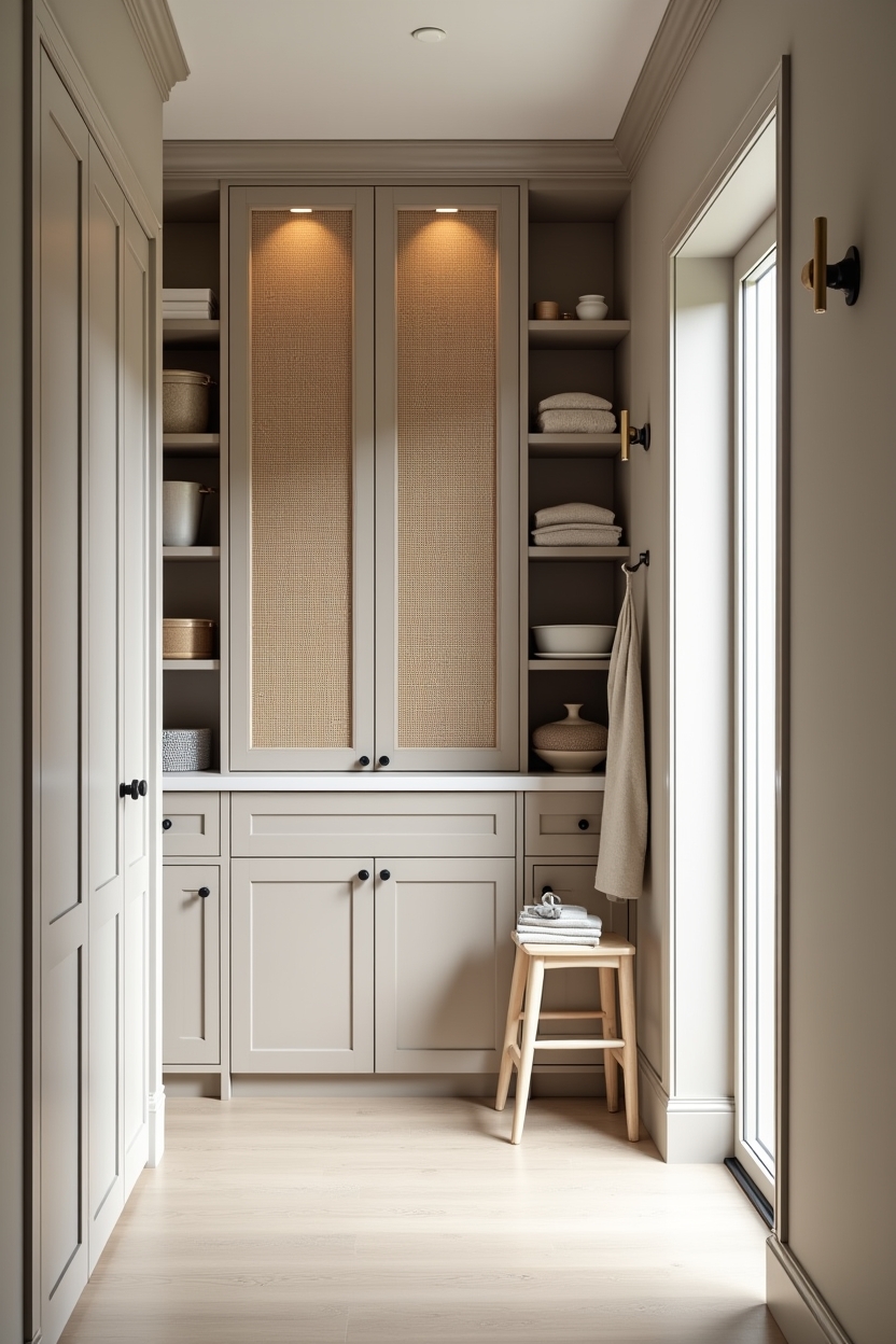 rattan-front pantry cabinet panels framed in matte wood home decor