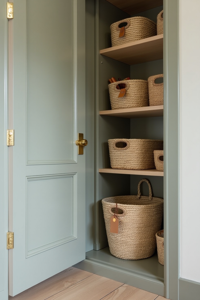 grouping of handwoven seagrass baskets with leather pull-tabs on lower shelves home decor