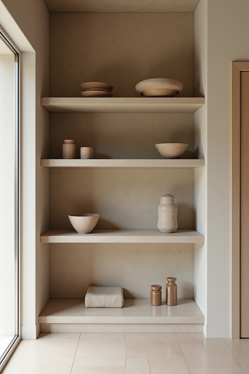 hand-troweled textured plaster back wall behind open shelving home decor