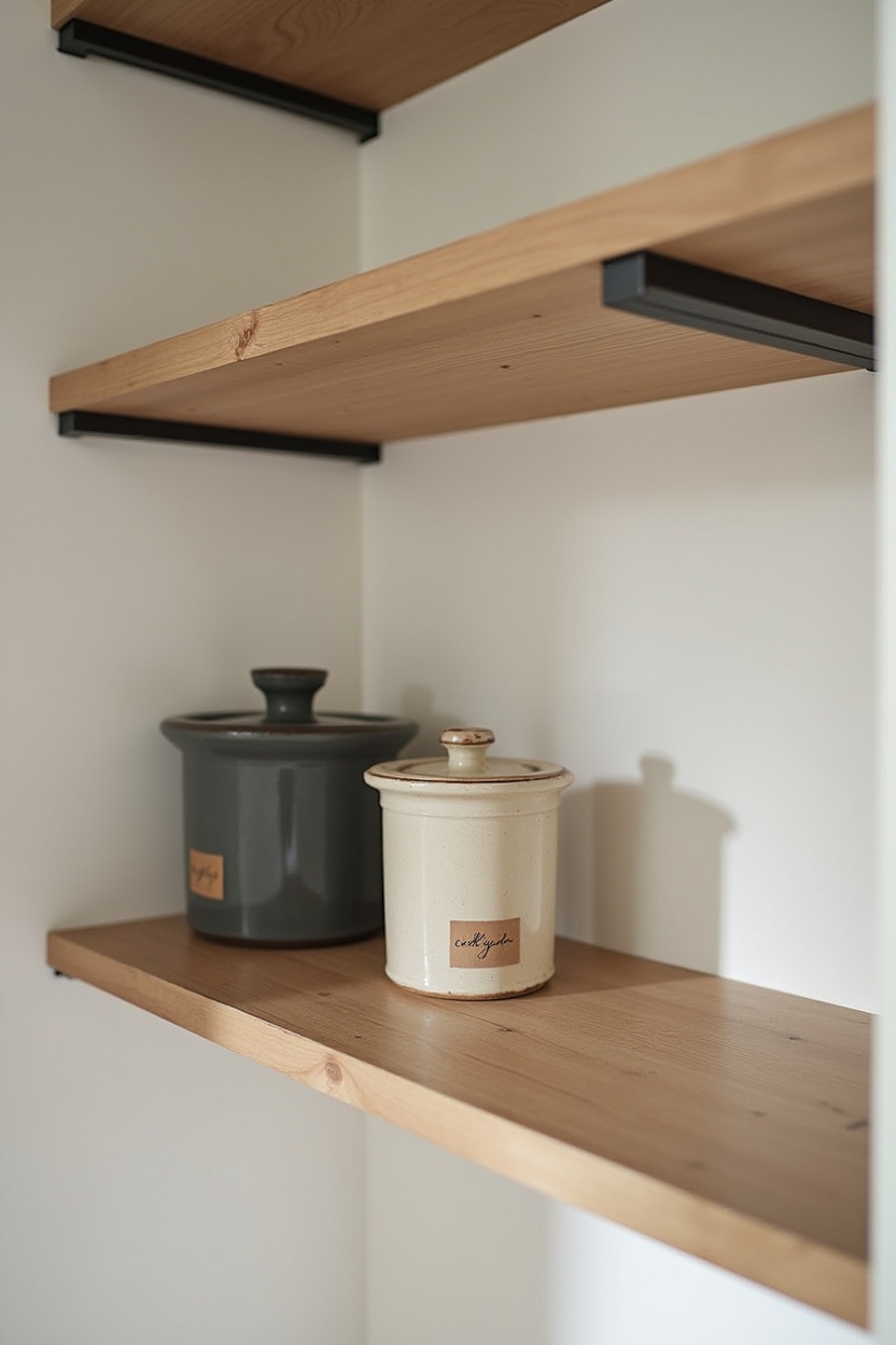 light ash floating shelves with matte-black pull-down brackets home decor
