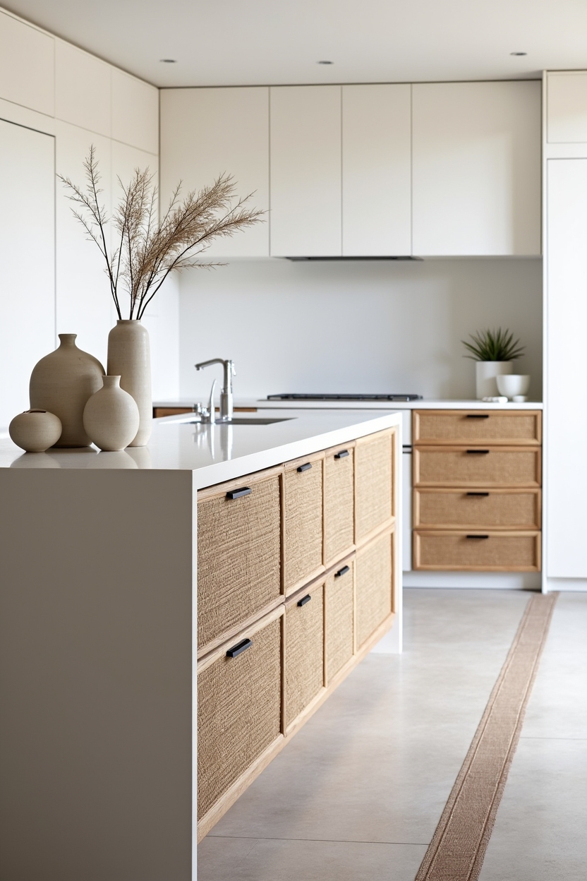 integrated woven seagrass drawer fronts on island home decor
