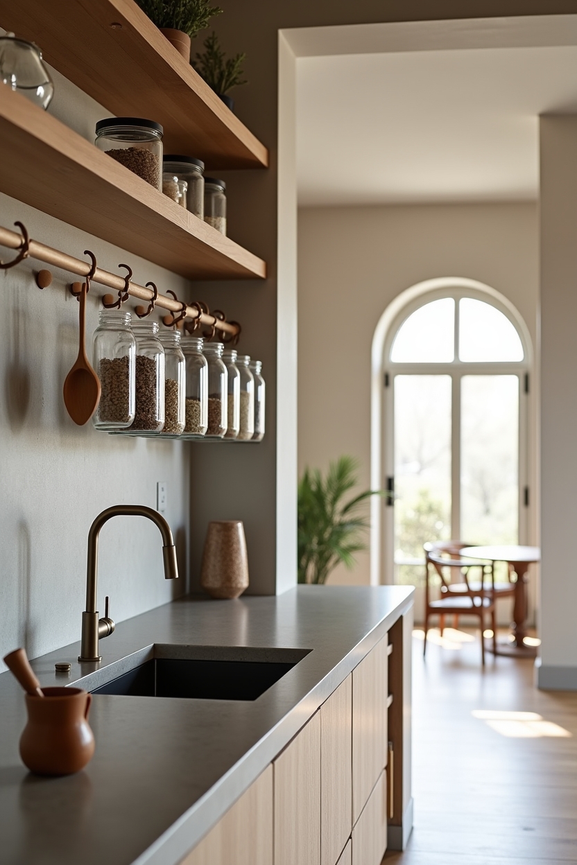 slim bronze rail with hanging glass jars home decor
