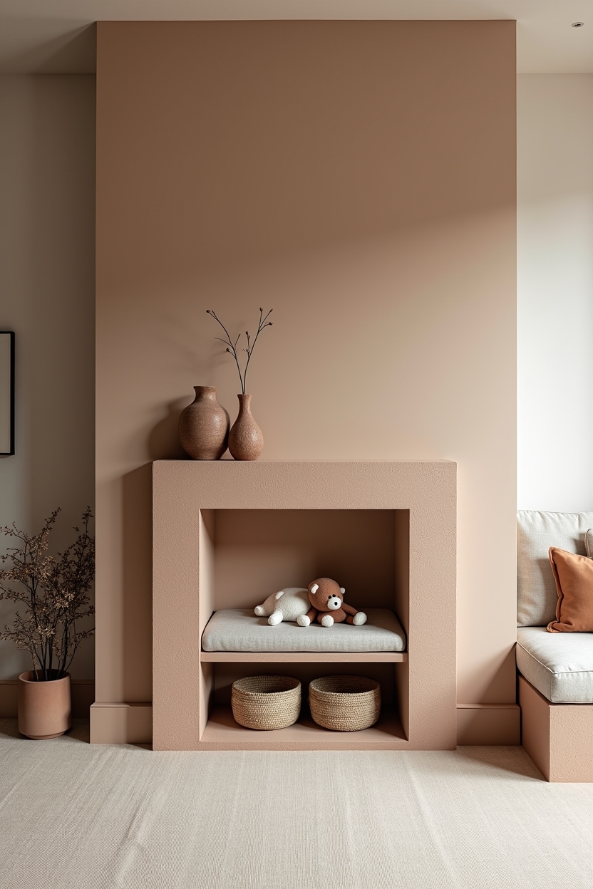 monochrome clay-toned fireplace vignette home decor