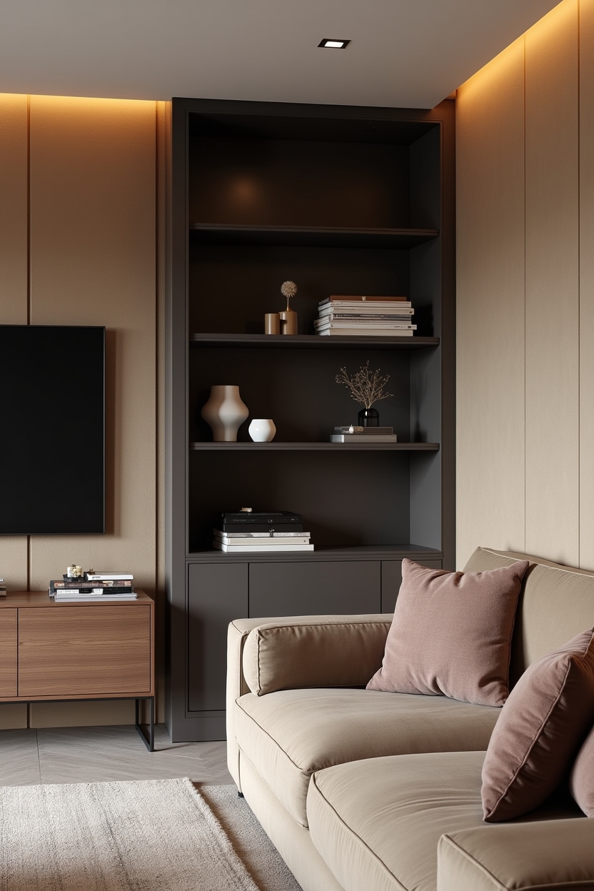 tactile suede media wall with floating storage home decor