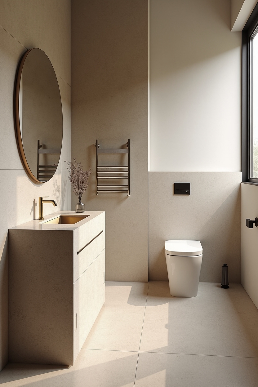compact terrazzo pedestal sink with brass inset niche home decor