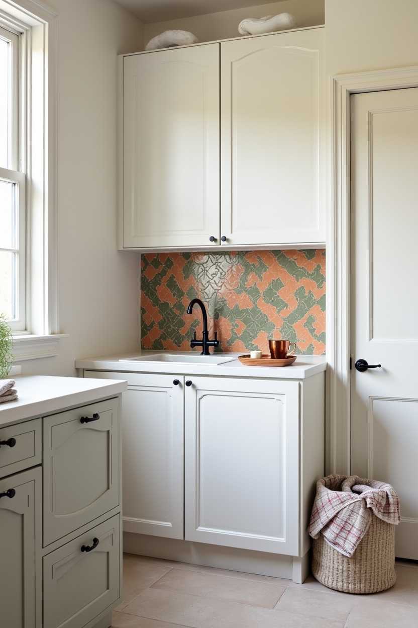 rustic fall laundry room sink area ideas — sink with patterned tile field directly behind basin featuring 12-inch encaustic tile backsplash in ochre and rust