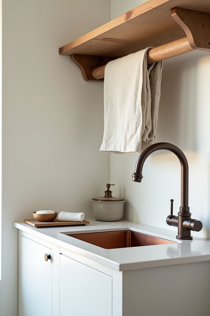 rustic fall laundry room sink area ideas — bridge-style copper faucet featuring aged copper bridge faucet with hand-polished patina