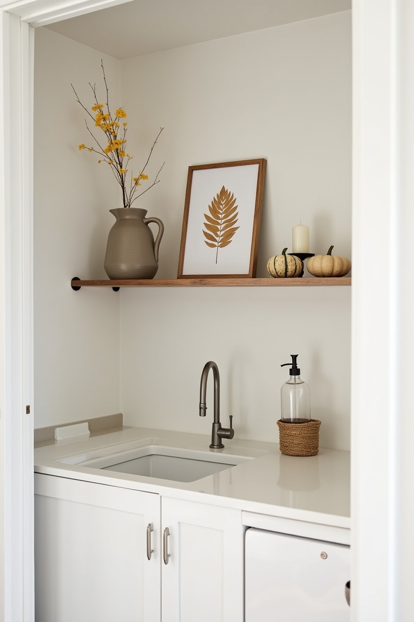 rustic fall laundry room sink area ideas — shallow mantel-style shelf mounted above sink with arranged smallwares featuring mantel-style seasonal shelf above the sink