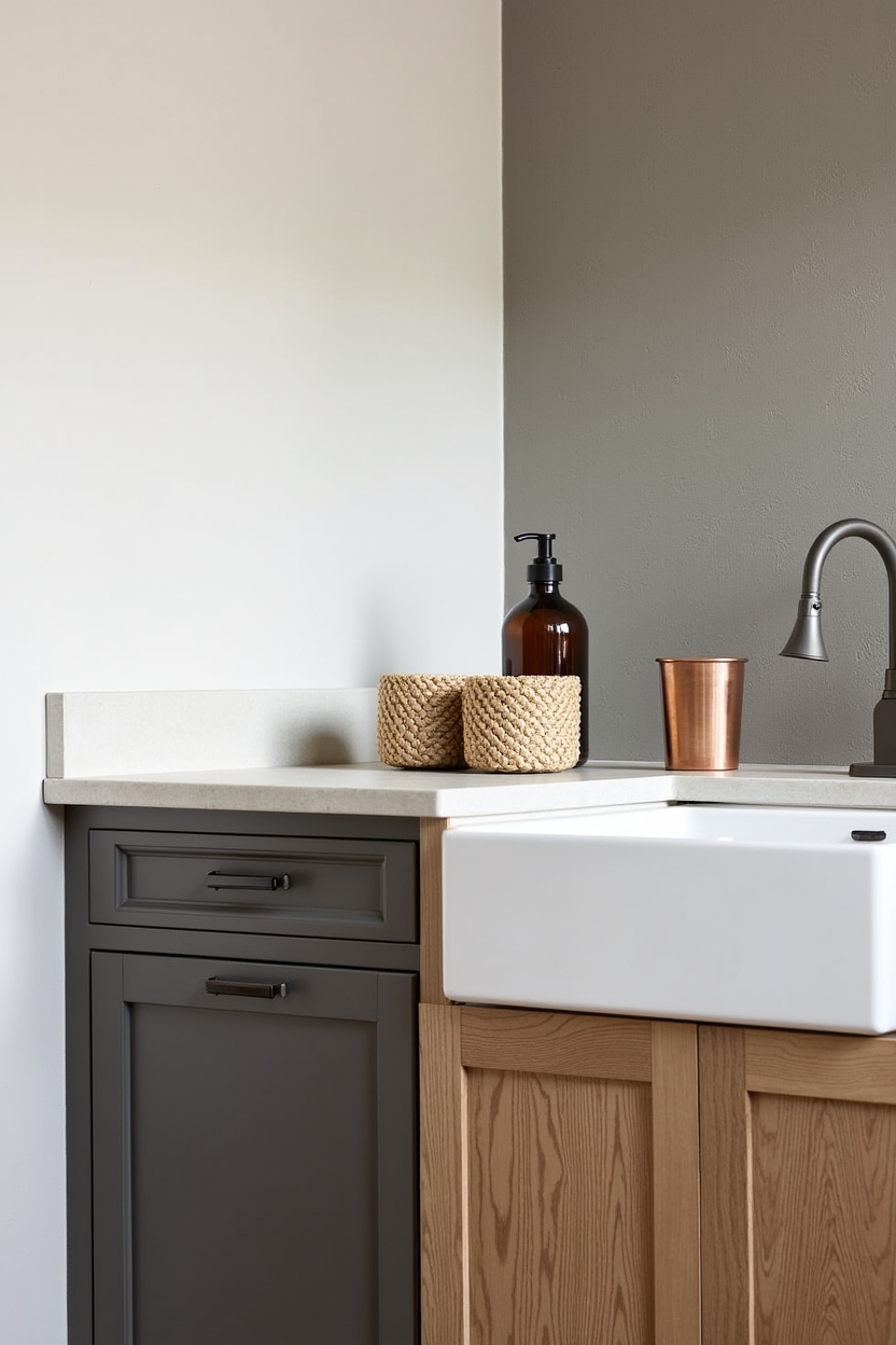 rustic fall laundry room sink area ideas — farmhouse sink with visible apron featuring reclaimed oak apron beneath farmhouse sink