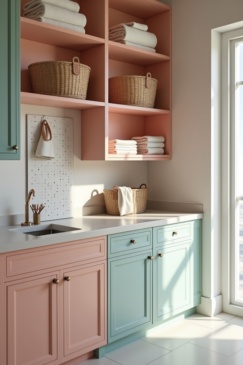bright summer laundry room layout ideas — staggered open shelves painted coral and seafoam featuring staggered coral and seafoam open shelving