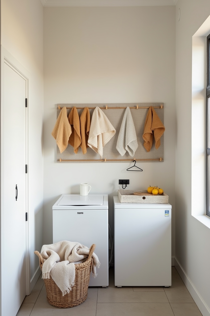 bright summer laundry room layout ideas — painted horizontal pegboard with clipped textile swatches featuring horizontal painted pegboard textile mood-strip