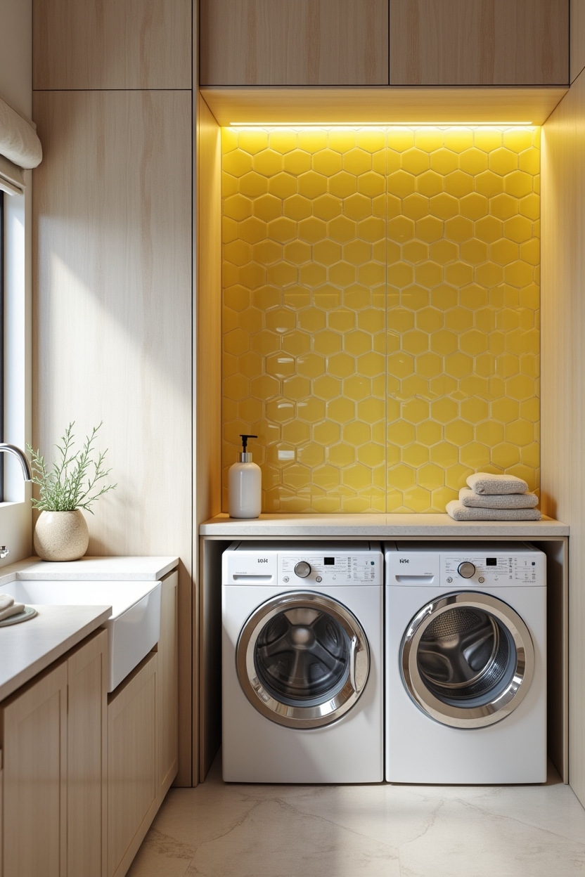 bright summer laundry room layout ideas — stacked washer-dryer featuring glossy lemon hex tile alcove