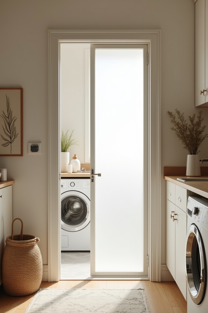 bright summer laundry room layout ideas — frosted-glass pocket door featuring frosted-glass pocket door