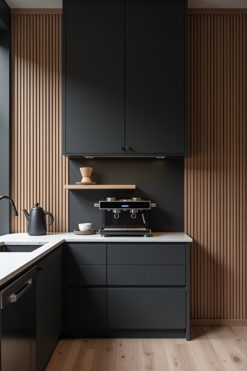 matte-black appliance wall with vertical oak slats home decor