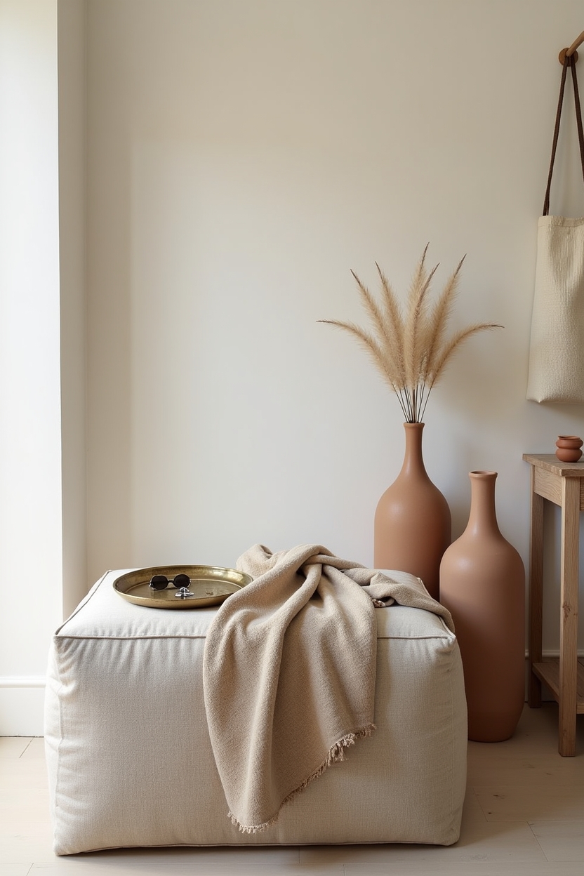 beige collected entryway decor — linen ottoman bench featuring low oversized linen ottoman bench