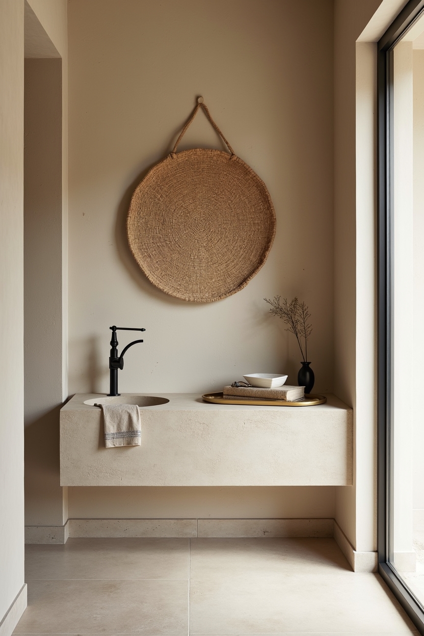 beige collected entryway decor — raffia basket featuring hand-stitched raffia basket wall hanging