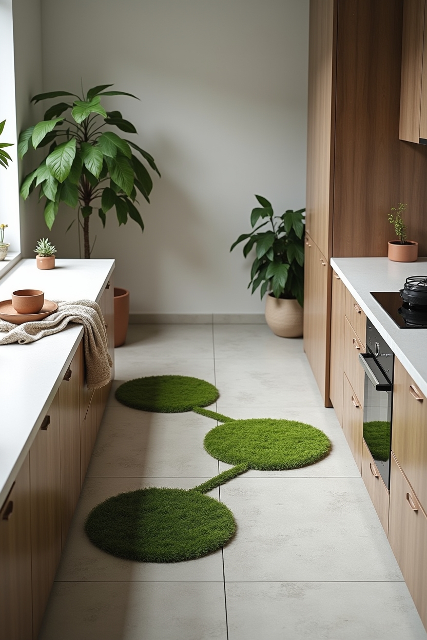 moss-inset stepping tiles in matte concrete grid home decor