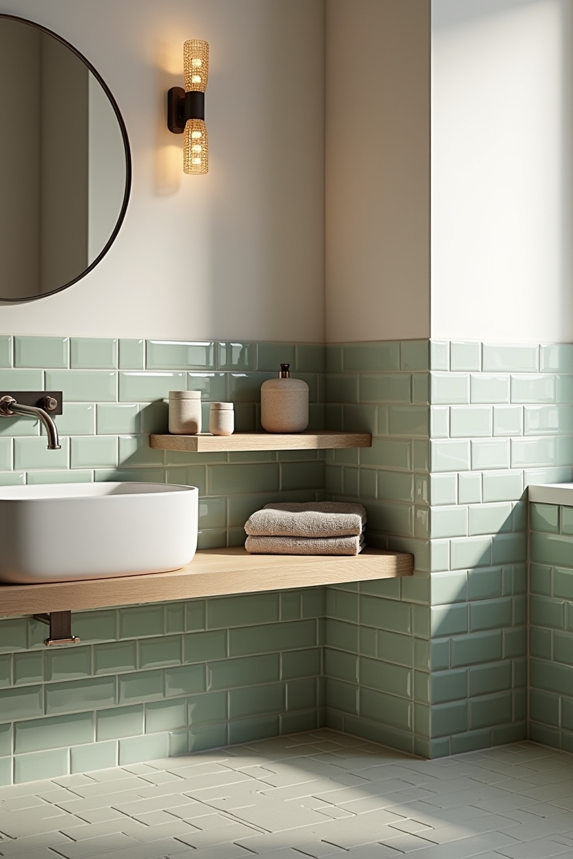 raw oak floating shelves with warm green glazed subway tile home decor