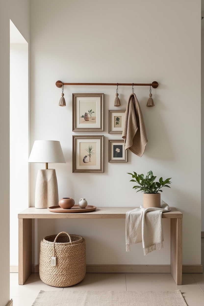 english cottage entryway wall decor — salon-style antique frames gallery featuring salon-style mini gallery over slim console