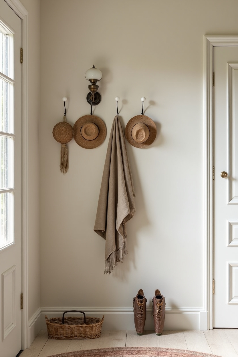 english cottage entryway wall decor — glazed ceramic sconce featuring curated heirloom hook cluster
