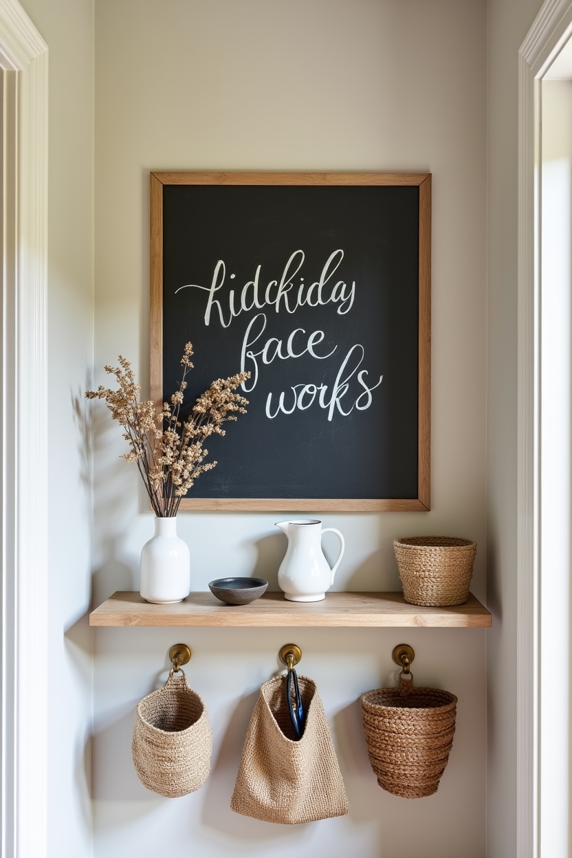 english cottage entryway wall decor — hand-lettered chalkboard featuring hand-lettered chalkboard with slim floating shelf and brass hooks